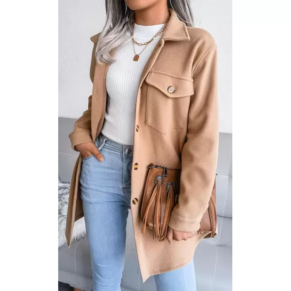imagechouyatou Womens Fashion Lapel Collar Single Breasted Loose Fit Wool Blend Shirt Jacket Shacket with BeltCamel
