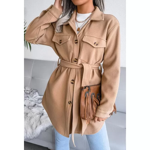 imagechouyatou Womens Fashion Lapel Collar Single Breasted Loose Fit Wool Blend Shirt Jacket Shacket with BeltCamel