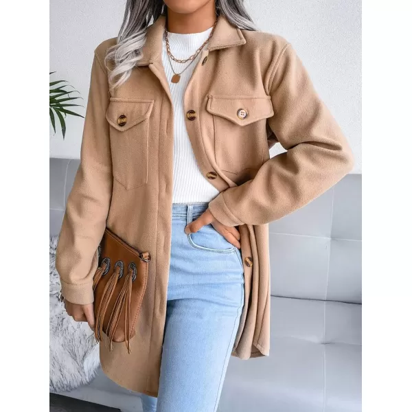 imagechouyatou Womens Fashion Lapel Collar Single Breasted Loose Fit Wool Blend Shirt Jacket Shacket with BeltCamel
