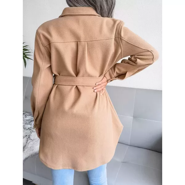 imagechouyatou Womens Fashion Lapel Collar Single Breasted Loose Fit Wool Blend Shirt Jacket Shacket with BeltCamel