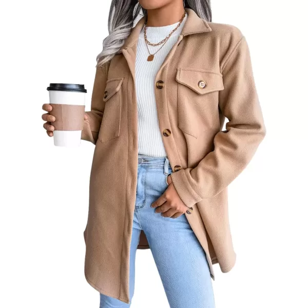 imagechouyatou Womens Fashion Lapel Collar Single Breasted Loose Fit Wool Blend Shirt Jacket Shacket with BeltCamel