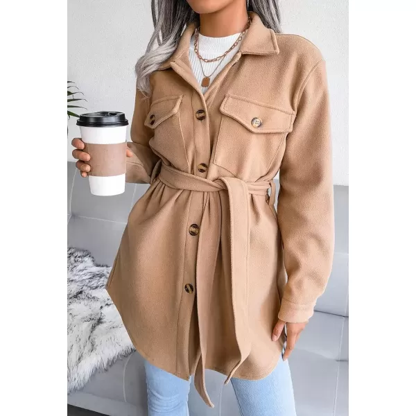 imagechouyatou Womens Fashion Lapel Collar Single Breasted Loose Fit Wool Blend Shirt Jacket Shacket with BeltCamel
