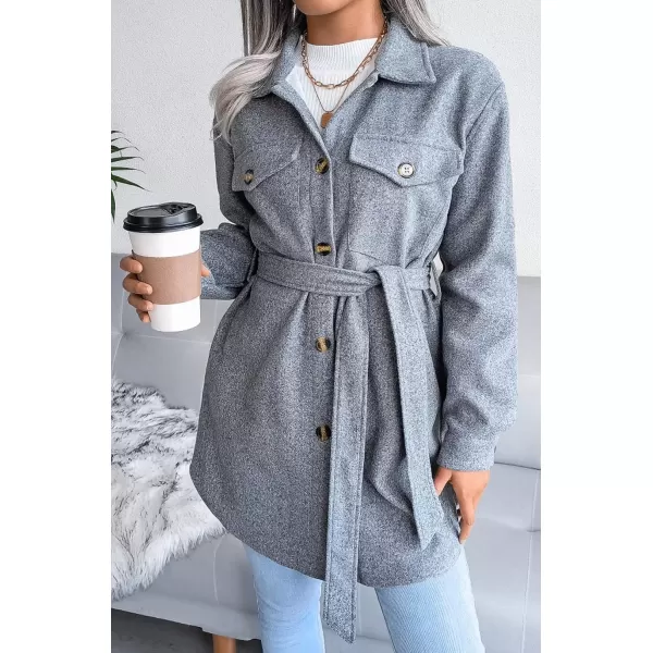 imagechouyatou Womens Fashion Lapel Collar Single Breasted Loose Fit Wool Blend Shirt Jacket Shacket with BeltGrey