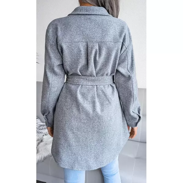 imagechouyatou Womens Fashion Lapel Collar Single Breasted Loose Fit Wool Blend Shirt Jacket Shacket with BeltGrey