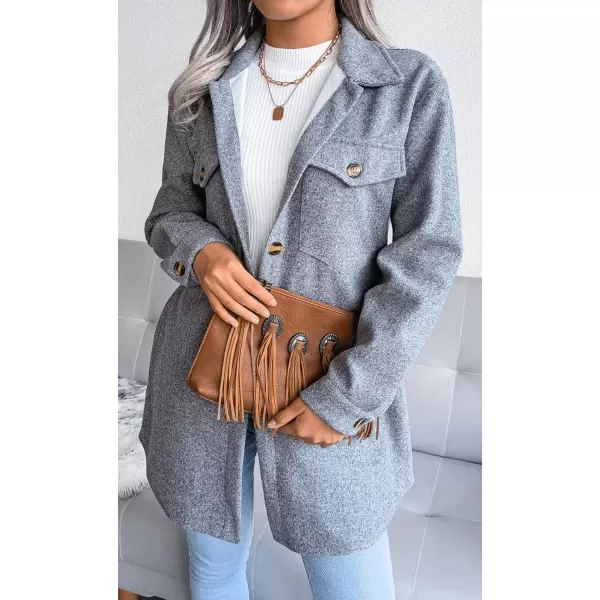 imagechouyatou Womens Fashion Lapel Collar Single Breasted Loose Fit Wool Blend Shirt Jacket Shacket with BeltGrey