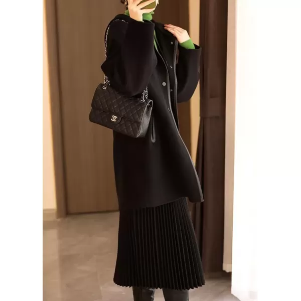 imagechouyatou Womens Hooded Oversized Wool Coat Single Breasted Work Office Wool Blend Overcoat with HoodBlack