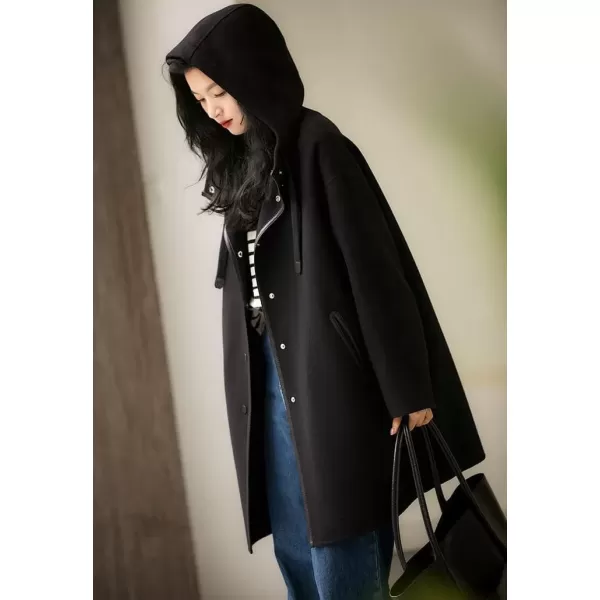 imagechouyatou Womens Hooded Oversized Wool Coat Single Breasted Work Office Wool Blend Overcoat with HoodBlack