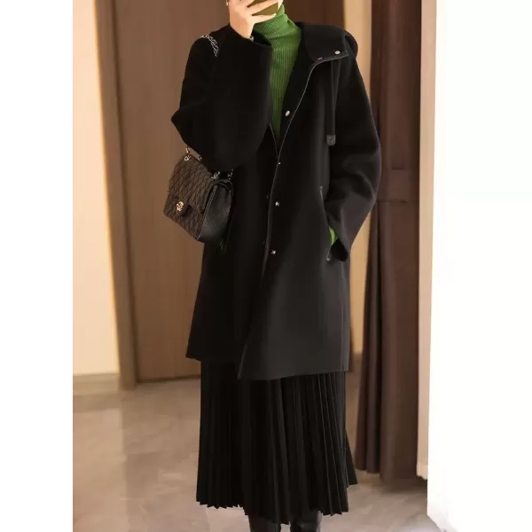 imagechouyatou Womens Hooded Oversized Wool Coat Single Breasted Work Office Wool Blend Overcoat with HoodBlack