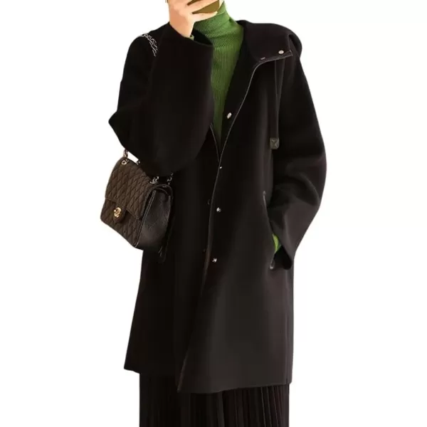 imagechouyatou Womens Hooded Oversized Wool Coat Single Breasted Work Office Wool Blend Overcoat with HoodBlack