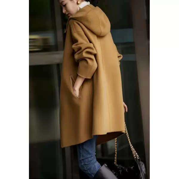 imagechouyatou Womens Hooded Oversized Wool Coat Single Breasted Work Office Wool Blend Overcoat with HoodCamel Brown