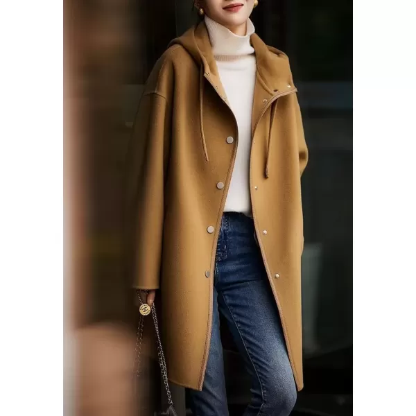 imagechouyatou Womens Hooded Oversized Wool Coat Single Breasted Work Office Wool Blend Overcoat with HoodCamel Brown