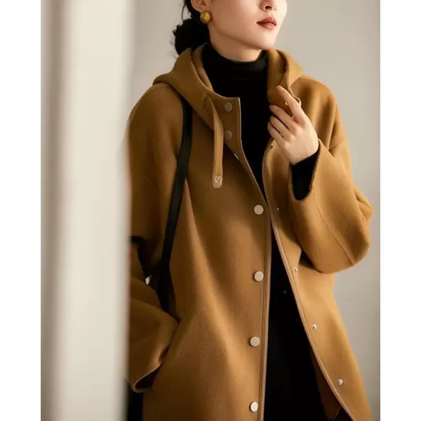 imagechouyatou Womens Hooded Oversized Wool Coat Single Breasted Work Office Wool Blend Overcoat with HoodCamel Brown