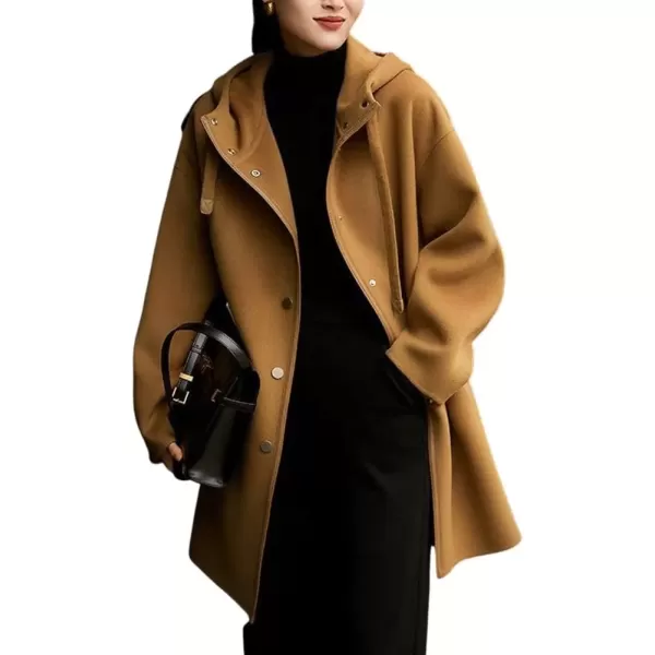 imagechouyatou Womens Hooded Oversized Wool Coat Single Breasted Work Office Wool Blend Overcoat with HoodCamel Brown