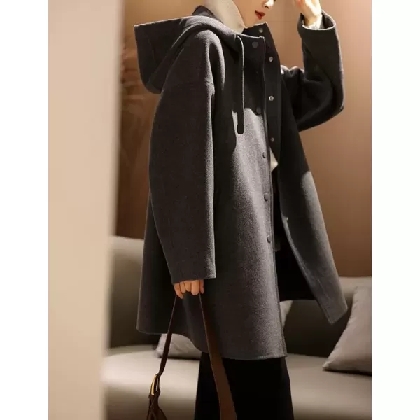 imagechouyatou Womens Hooded Oversized Wool Coat Single Breasted Work Office Wool Blend Overcoat with HoodGray