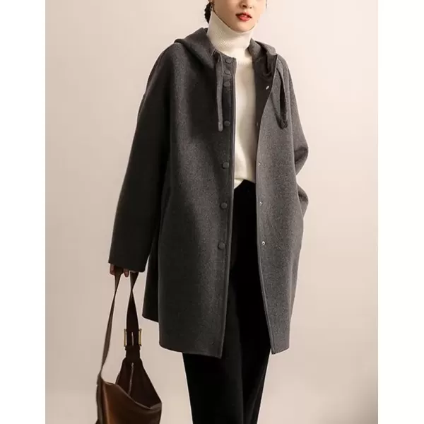 imagechouyatou Womens Hooded Oversized Wool Coat Single Breasted Work Office Wool Blend Overcoat with HoodGray