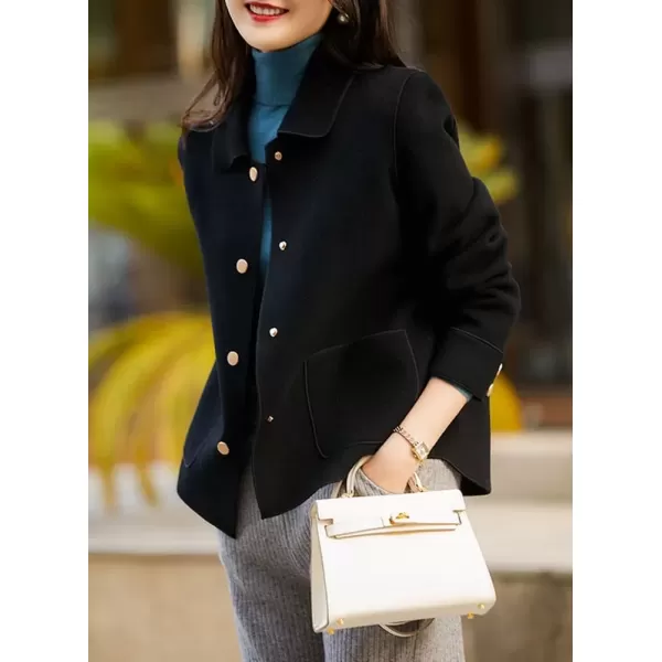 imagechouyatou Womens Lightweight Single Breasted Wool Coat Casual Loose Button Down Pea Coat JacketssBlack
