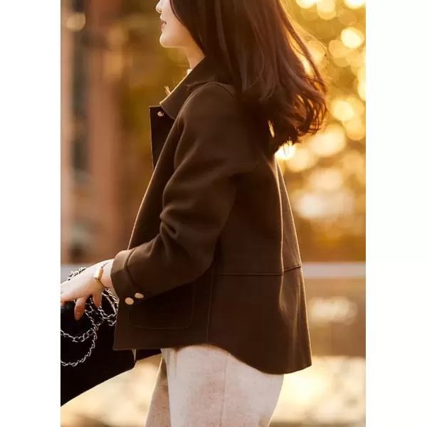 imagechouyatou Womens Lightweight Single Breasted Wool Coat Casual Loose Button Down Pea Coat JacketssDark Brown