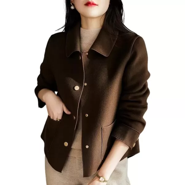 imagechouyatou Womens Lightweight Single Breasted Wool Coat Casual Loose Button Down Pea Coat JacketssDark Brown