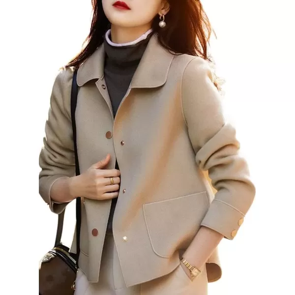 imagechouyatou Womens Lightweight Single Breasted Wool Coat Casual Loose Button Down Pea Coat JacketssLight Khaki