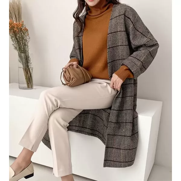 imagechouyatou Womens Long Plaid Wool Coats Open Front Herringbone Plaid Wool Blend Trench Coat Outerwear JacketBrown