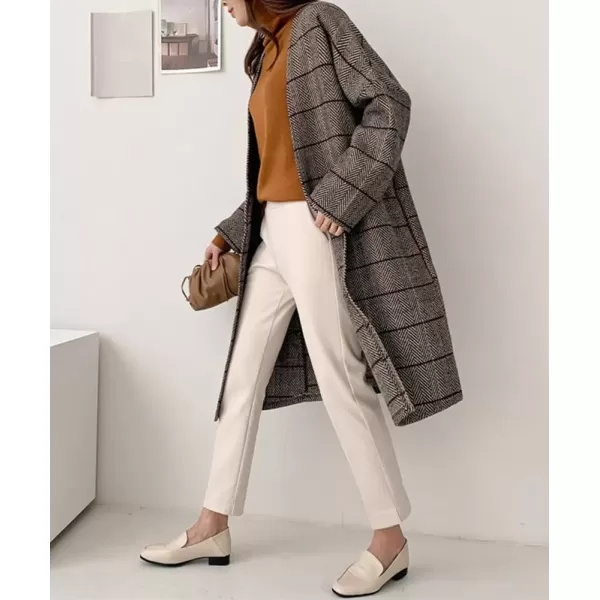 imagechouyatou Womens Long Plaid Wool Coats Open Front Herringbone Plaid Wool Blend Trench Coat Outerwear JacketBrown