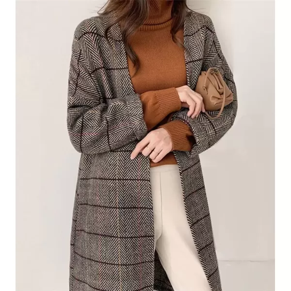 imagechouyatou Womens Long Plaid Wool Coats Open Front Herringbone Plaid Wool Blend Trench Coat Outerwear JacketBrown
