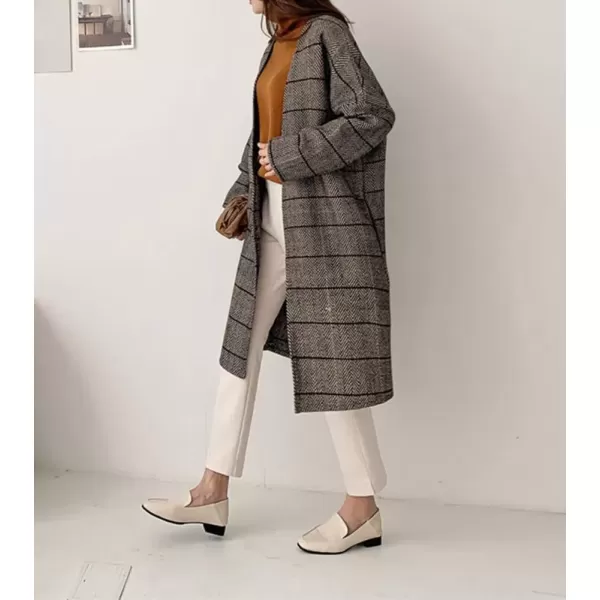 imagechouyatou Womens Long Plaid Wool Coats Open Front Herringbone Plaid Wool Blend Trench Coat Outerwear JacketBrown