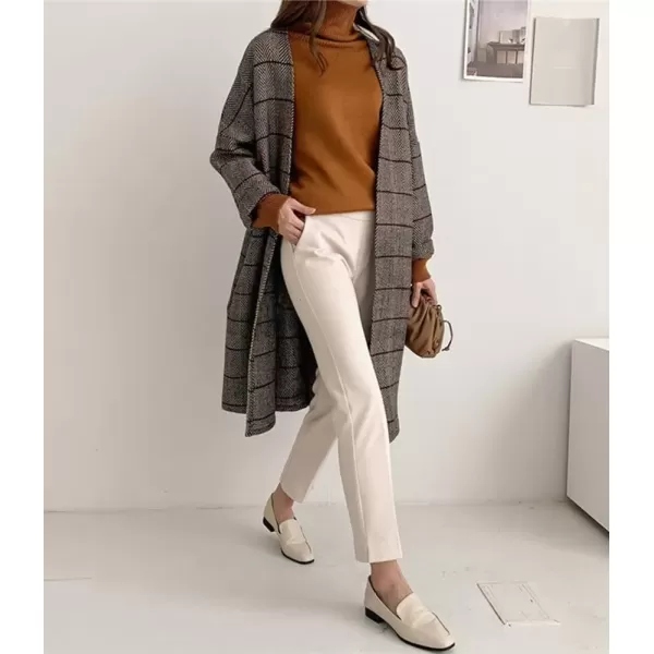 imagechouyatou Womens Long Plaid Wool Coats Open Front Herringbone Plaid Wool Blend Trench Coat Outerwear JacketBrown