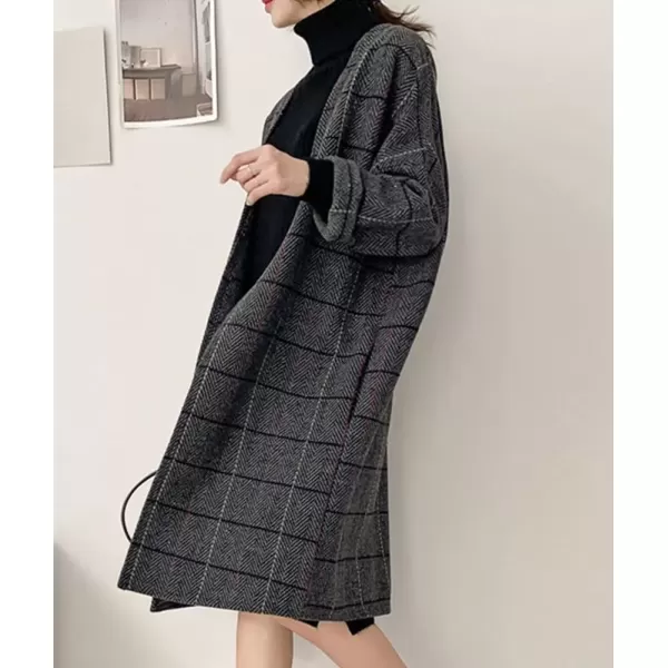 imagechouyatou Womens Long Plaid Wool Coats Open Front Herringbone Plaid Wool Blend Trench Coat Outerwear JacketGray
