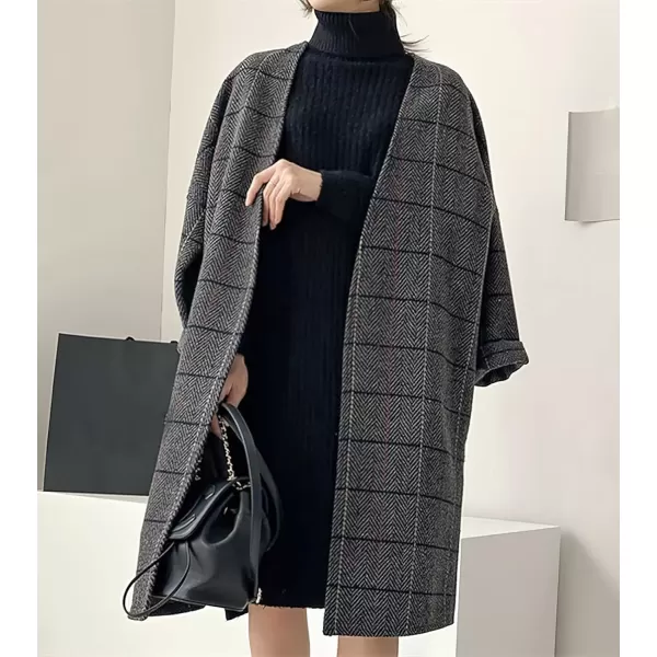 imagechouyatou Womens Long Plaid Wool Coats Open Front Herringbone Plaid Wool Blend Trench Coat Outerwear JacketGray