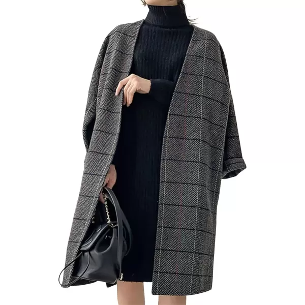 imagechouyatou Womens Long Plaid Wool Coats Open Front Herringbone Plaid Wool Blend Trench Coat Outerwear JacketGray