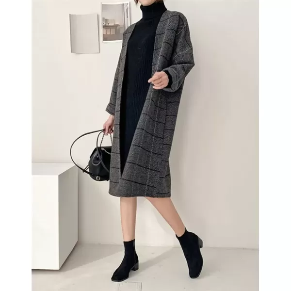 imagechouyatou Womens Long Plaid Wool Coats Open Front Herringbone Plaid Wool Blend Trench Coat Outerwear JacketGray