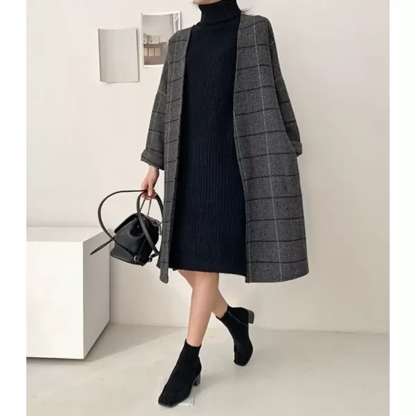 imagechouyatou Womens Long Plaid Wool Coats Open Front Herringbone Plaid Wool Blend Trench Coat Outerwear JacketGray
