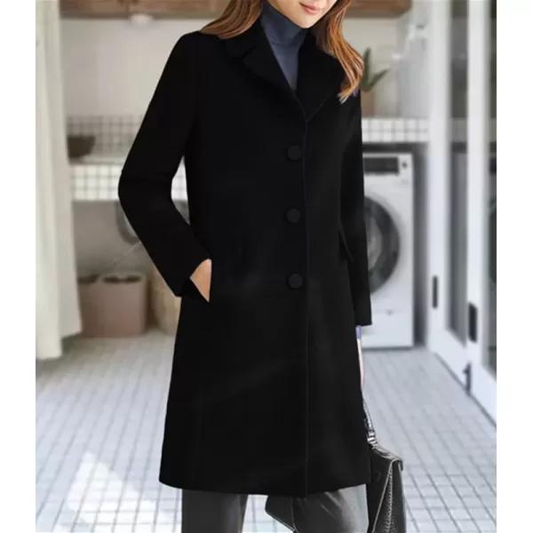 imagechouyatou Womens Notched Lapel Single Breasted Business Casual Wool Blend Long Trench CoatBlack