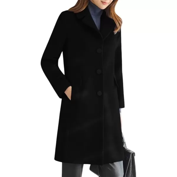 imagechouyatou Womens Notched Lapel Single Breasted Business Casual Wool Blend Long Trench CoatBlack