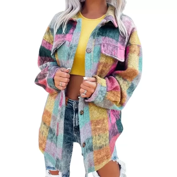 imagechouyatou Womens Vintage Plaid Checked Single Breasted Colorful Wool Coat OvercoatGreen