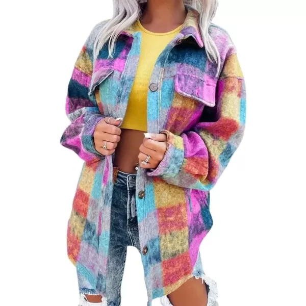 imagechouyatou Womens Vintage Plaid Checked Single Breasted Colorful Wool Coat OvercoatSky Blue