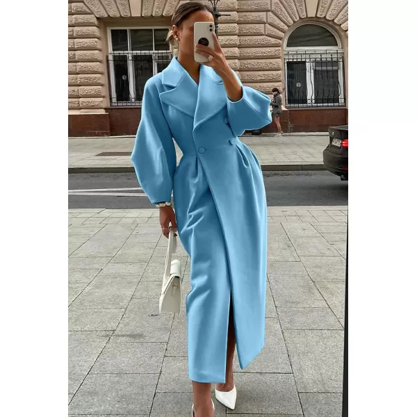 imagechouyatou Womens Winter Casual Bishop Sleeve Wool Coat Elegant Double Breasted Wool Blend Pea CoatBlue