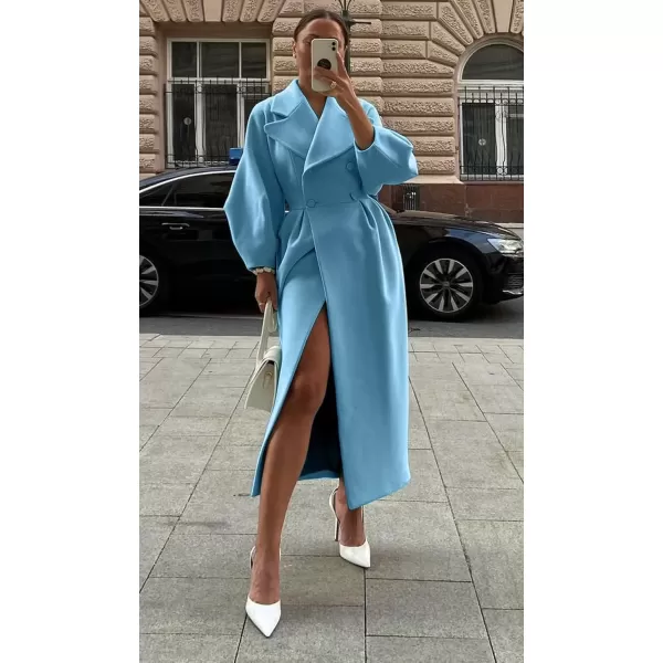 imagechouyatou Womens Winter Casual Bishop Sleeve Wool Coat Elegant Double Breasted Wool Blend Pea CoatBlue