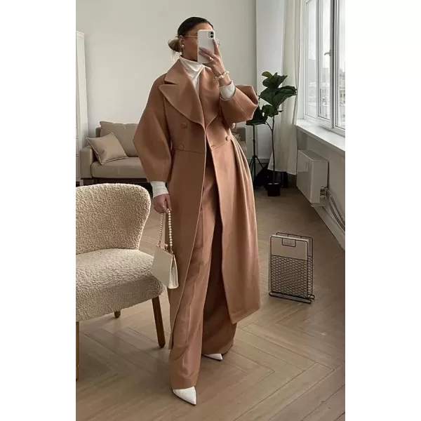imagechouyatou Womens Winter Casual Bishop Sleeve Wool Coat Elegant Double Breasted Wool Blend Pea CoatBrown