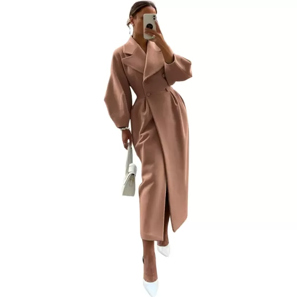 imagechouyatou Womens Winter Casual Bishop Sleeve Wool Coat Elegant Double Breasted Wool Blend Pea CoatBrown
