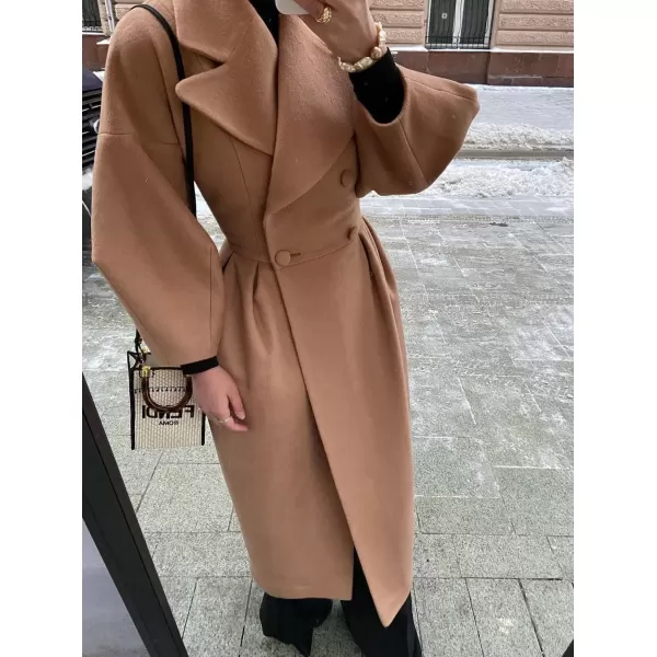 imagechouyatou Womens Winter Casual Bishop Sleeve Wool Coat Elegant Double Breasted Wool Blend Pea CoatBrown