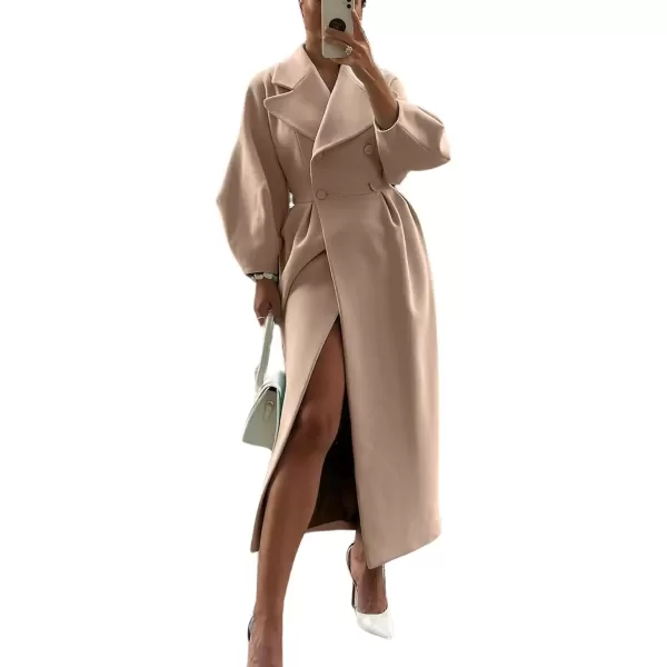 imagechouyatou Womens Winter Casual Bishop Sleeve Wool Coat Elegant Double Breasted Wool Blend Pea CoatKhaki