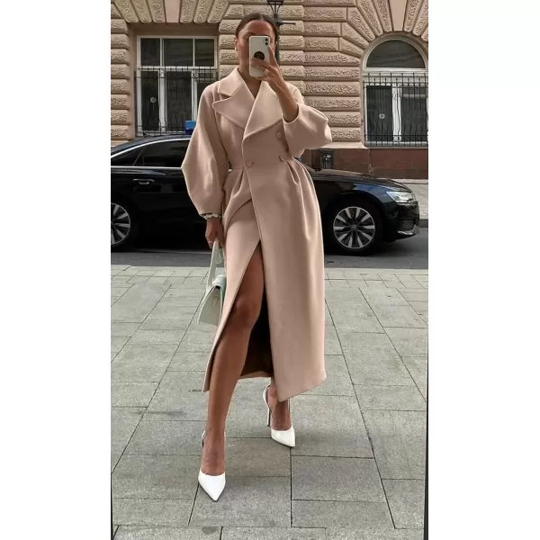 imagechouyatou Womens Winter Casual Bishop Sleeve Wool Coat Elegant Double Breasted Wool Blend Pea CoatKhaki