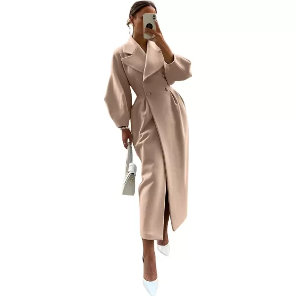 imagechouyatou Womens Winter Casual Bishop Sleeve Wool Coat Elegant Double Breasted Wool Blend Pea CoatKhaki