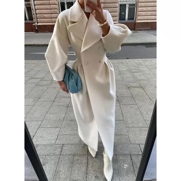 imagechouyatou Womens Winter Casual Bishop Sleeve Wool Coat Elegant Double Breasted Wool Blend Pea CoatOffwhite
