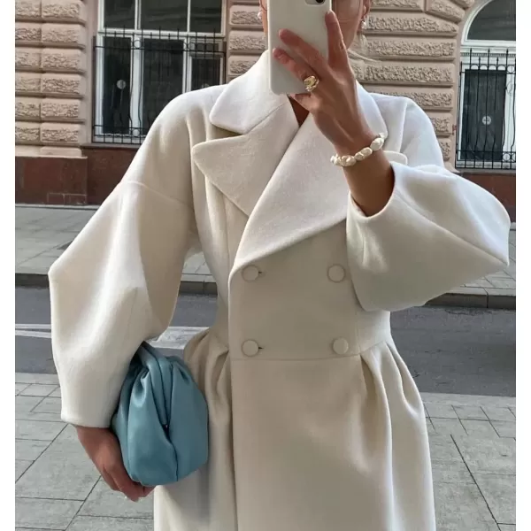 imagechouyatou Womens Winter Casual Bishop Sleeve Wool Coat Elegant Double Breasted Wool Blend Pea CoatOffwhite