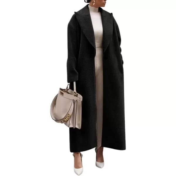 imagechouyatou Womens Winter Casual Wool Blend Overcoat Notch Lapel Single Breasted Belted Long Wool CoatBlack