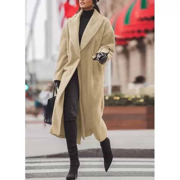 imagechouyatou Womens Winter Casual Wool Blend Overcoat Notch Lapel Single Breasted Belted Long Wool CoatKhaki