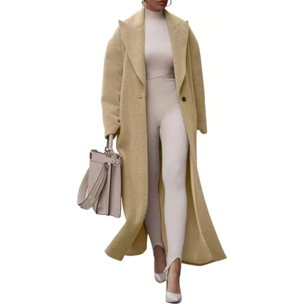 imagechouyatou Womens Winter Casual Wool Blend Overcoat Notch Lapel Single Breasted Belted Long Wool CoatKhaki